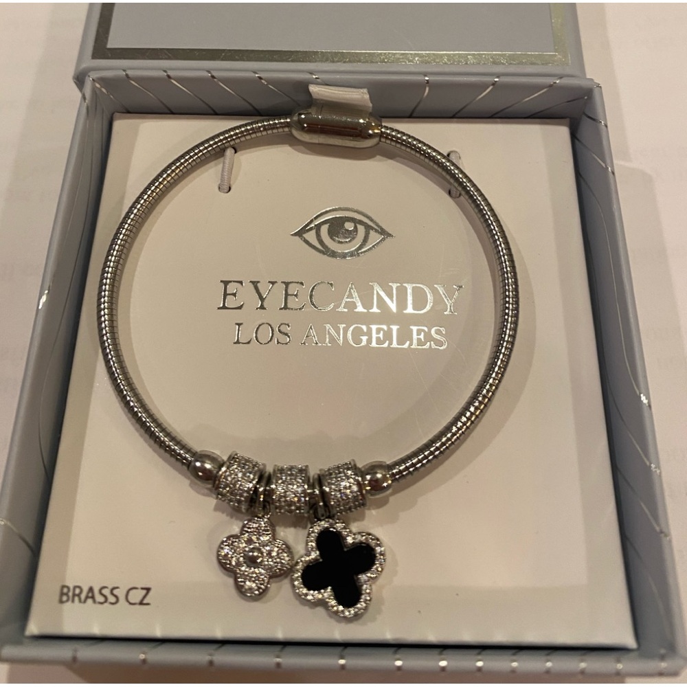 Eye Candy Los Angeles silver magnetic closure  snake chain clover charm Bracelet